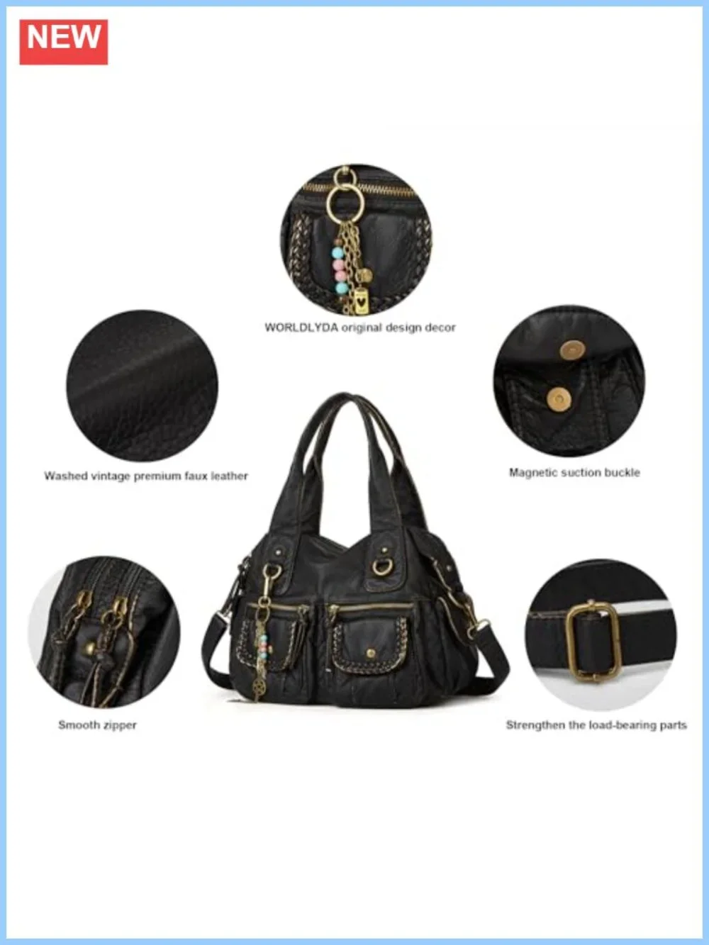 Women's Hobo Purse Vegan Leather Multi Pocket Tote Shoulder Bag